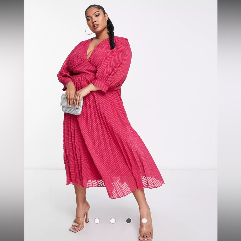 ASOS DESIGN Curve pleated batwing midi dress in chevron texture in pink